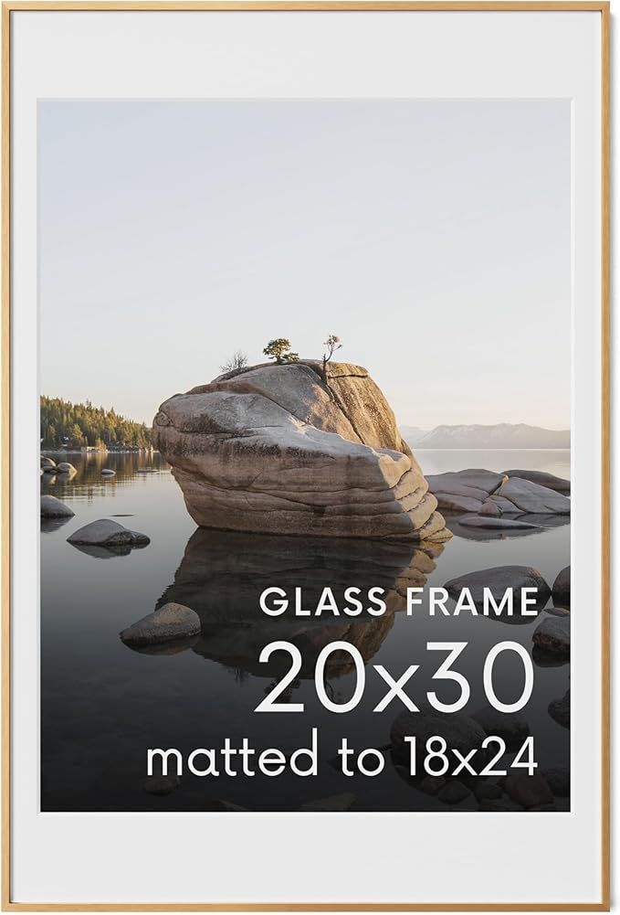 HAUS AND HUES 20x30 Picture Frame with Real Glass & Brass Premium-Grade Metal Matted to 18x24 - Aluminum 20x30 Poster Frame - Includes Hanging Kit - Ideal for Home, Office (20x30 in, Brass)