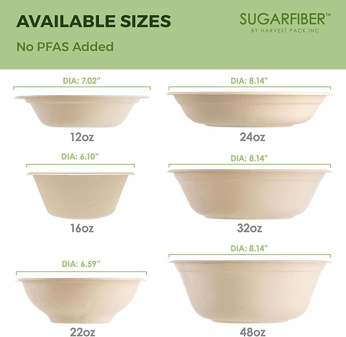 [500 Count]Harvest Pack 16oz PFAS FREE Round Paper Bowls Bulk, Compostable Heavy-Duty Eco-Friendly Disposable Bagasse Acai Bowls, Sugarcane Natural plant fibers for Meal Prep Takeout Dinnerware