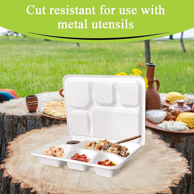 three leaf 5 COMPARTMENT MEAL TRAY WITH LID SET, 200 SETS. Heavy-Duty- Super Strong- Natural- Eco-Friendly Disposable Bagasse Tray with Lid, 100% Biodegradable Plates