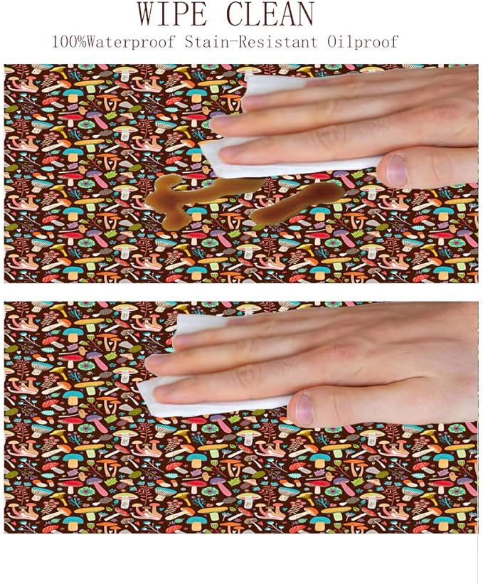 Round Tablecloth, Mushrooms Tablecloth for Side Table, Attractive Various Cartoon Leaves and Mushrooms Graphic, Fit Round Tables 44inch Diameter, for Dining Room/Party/Banquet Decoration, Brown