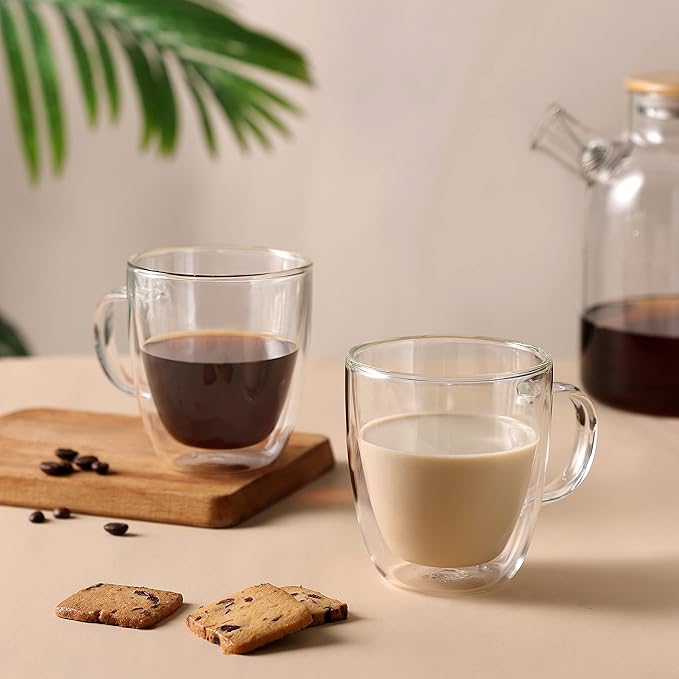 CNGLASS Large Double Wall Glass Coffee Mug 17 oz,Insulated Glass Coffee Cups with Handle,Set of 2
