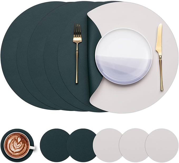 Myir JUN Round Placemats Set of 6 Faux Leather Place Mats and Coasters 15 inch Round Table Mats Dual Sided Non-Slip Stain Resistant Placemats (Beige & Green, Set of 6)