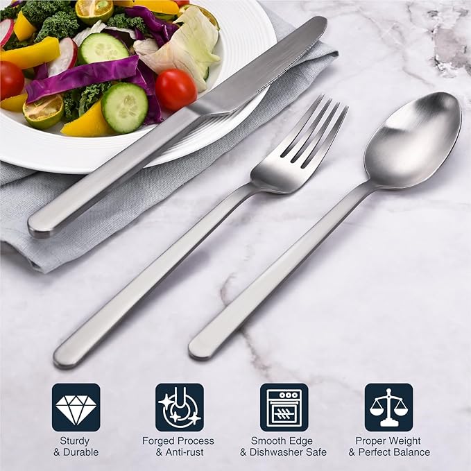 KINGSTONE Forged 30-Piece Silverware Set, Matte Flatware Set for 6, 18/10 Stainless Steel Silverware Utensils Set Dishwasher Safe (Matte Silver)