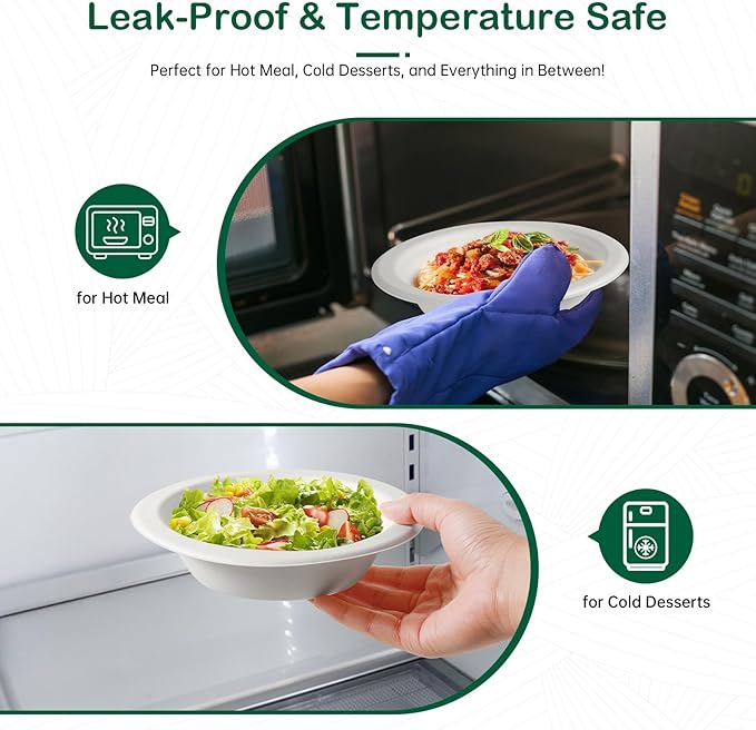 𝟴 𝗼𝘇, 𝟭𝟮𝟴-𝗣𝗮𝗰𝗸 Compostable Paper Bowls, Heavy-Duty Biodegradable Disposable Bowls Made from Bagasse, Eco-Friendly, Microwave & Freezer Safe (White)