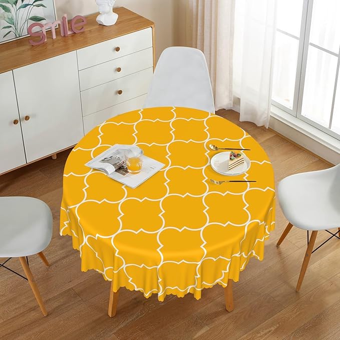 Laeacco 54 Inch Morocco Round Tablecloth Orange Geometric Lattice Modern Abstract Art Print Table Cloth Washable Waterproof Wrinkle Free Table Cover for Kitchen Dining Picnic Party Decoration