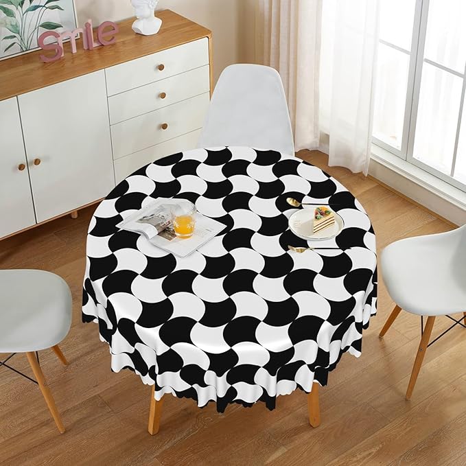 Laeacco 36 Inch Geometric Round Tablecloth Black and White Abstract Pattern Modern Art Print Table Cloth Washable Waterproof Wrinkle Free Table Cover for Kitchen Dining Picnic Party Decoration