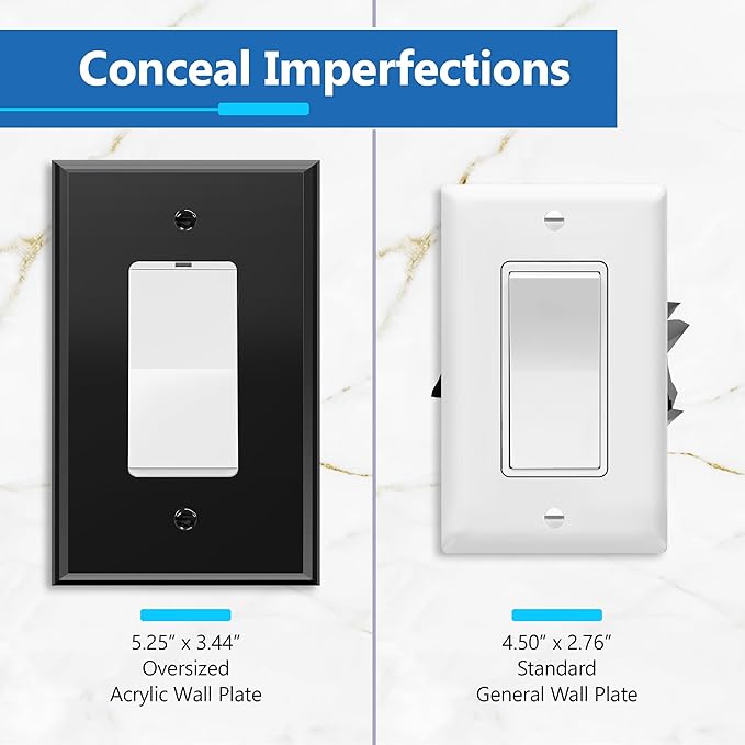 LIDER Reflective Acrylic Decorator Wall Plate, Mirrored Light Switch Plate, Plexiglass Outlet Cover, Acrylic Glass, Oversized 1-Gang 5.25" x 3.44", LWP-31O-ABK, Black