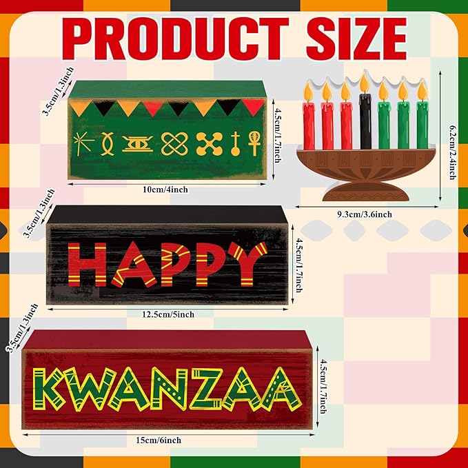 4 Pcs Happy Kwanzaa Table Decorations Kwanzaa Tiered Tray Decor Rustic African Candlestick Wood Block Tabletop Sign Gift Centerpiece Farmhouse Table Decor for Home Office Party Supplies