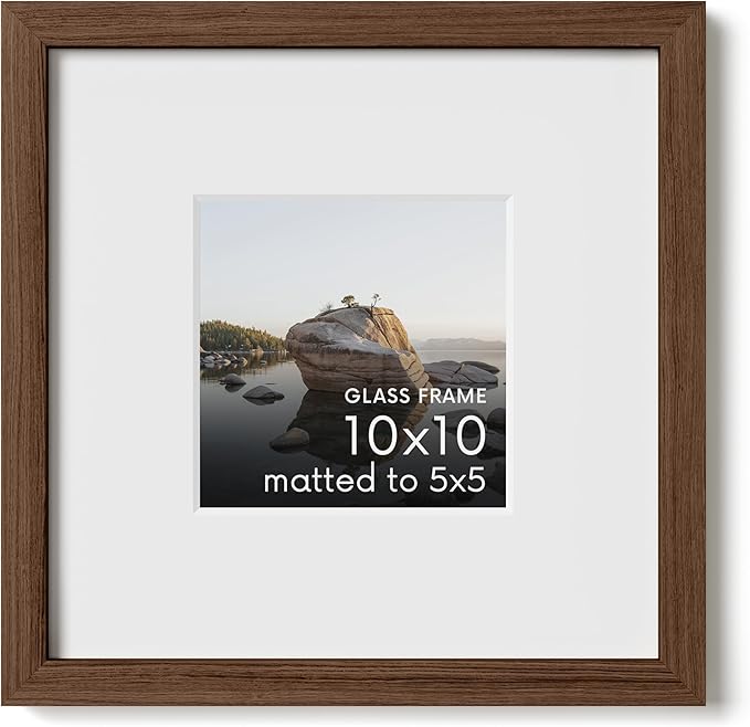HAUS AND HUES 10x10 Frame with Real Glass and Walnut American Oak Matted to 5x5 - Oak Square Photo Frame - Includes Vertical & Horizontal Hang - Ideal for Home, Room, Office (10x10 in, Walnut)