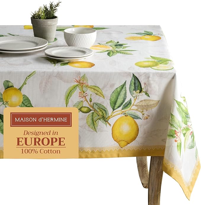 Maison d' Hermine Table Cloth Rectangle Table 100% Cotton 60 x 90 Inches Tablecloth Reusable Decorative for Dining Room Farmhouse Home Valentines Day Decorations Spring Summer - Limoncello
