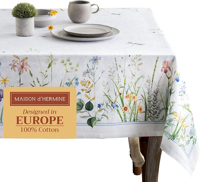 Maison d' Hermine Table Cloth Rectangle Table 100% Cotton 60 x 108 Inches Tablecloth Reusable Decorative for Dining Room Farmhouse Home Valentines Day Decorations Spring Summer - Fleurs De Mai