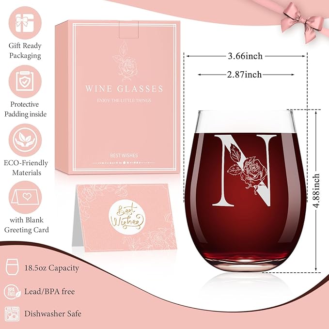 Valentines Day Gifts for Her, Gifts for Women Her Friend Mom Grandma Wife Sister Bridesmaid Nurse, Birthday Galentines Mothers Day Christmas, Personalized Initial Customized Wine Glasses 18OZ(N)