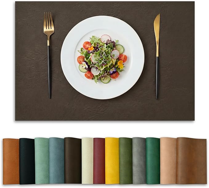 Artoid Mode Coffee Faux Leather Placemats Set of 6, 12x18 Inch Waterproof Wipeable Heat Resistant Vinyl Place Mats, Reversible Table Mats for Kitchen Dining Decor
