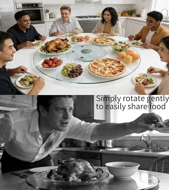 20" Glass Lazy Susan for Dining Table, Glass Turntable Table Centerpiece with 6 Rotating Wheels, 360° Smooth and Silent Spin Tabletop Rotating Tray, for Family Gatherings, Banquets, Weddings, 51 cm