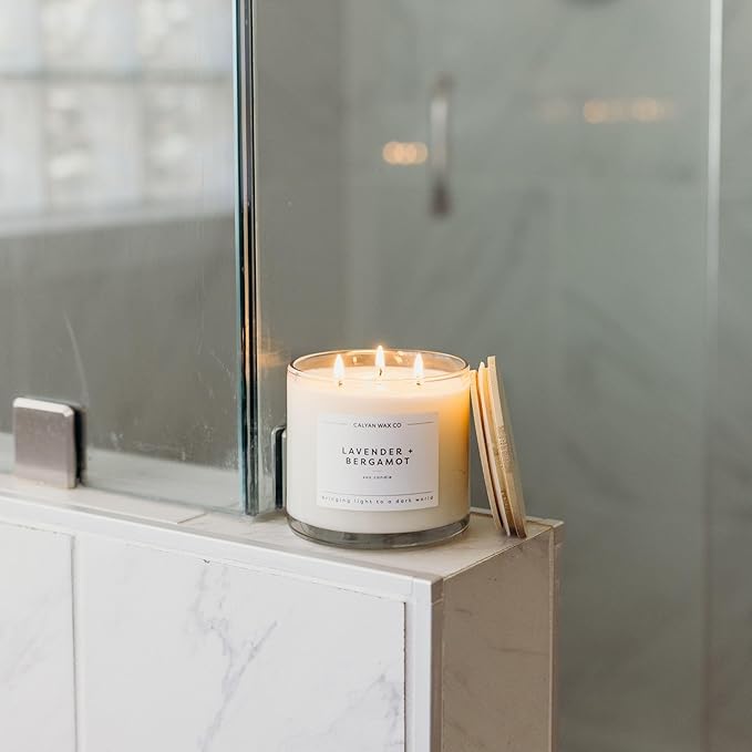 Calyan Wax Co. Lavender & Bergamot 3 Wick Scented Candle - 43 Hour Burn - Luxury 3 Wick Soy Candles - Non Toxic Soy Wax Candles - Long Lasting Large Glass Jar Candle for Home - 14.9oz