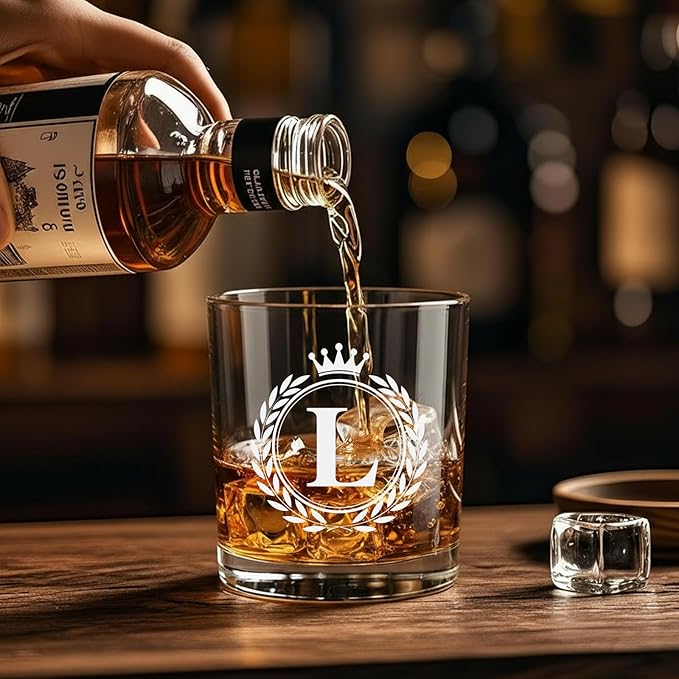 Whiskey Glasses - Rocks Old Fashioned Glass Gifts for Men, Monogrammed A-Z 10oz Personalized Whisky Glasses, Christmas Birthday Gifts for Men Him Dad Father Husband Brother Son (L)