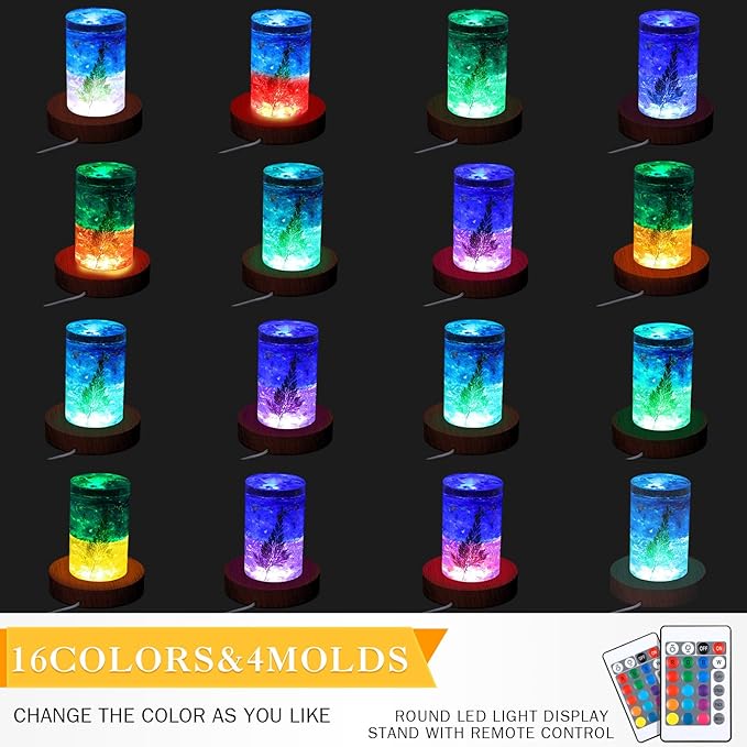 Riakrum 4 Pieces Wood LED Display Light Base Crystal Display Base Stand Remote Control Round 16 Lighting Modes Wooden Lighted Holder Colorful Pedestal for Crystal Glass Resin Ball(Walnut Wood Color)