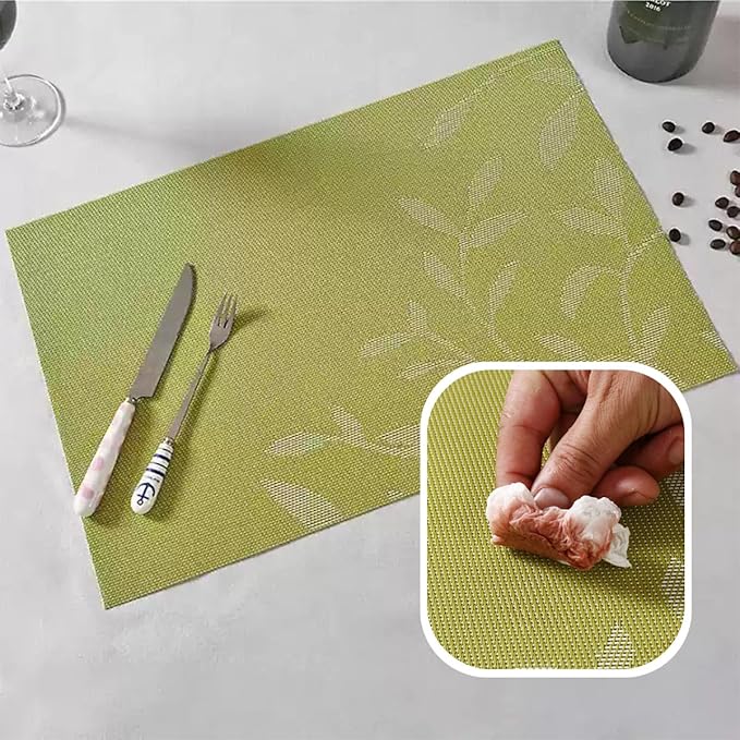 Leaf Placemats Set of 6 Non-Slip Heat-Resistant Vinyl Washable Place Mats for Kitchen Table Indoor Outdoor Durable (18"x12", Green)