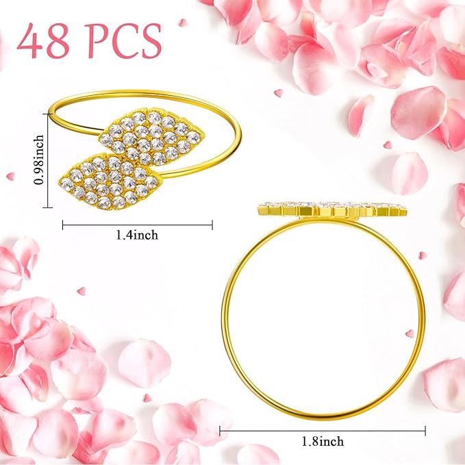 Hotop 200 Pcs Valentine's Day Napkin Rings Gold Table Decorations, Elegant Bling Leaves Napkin Rings, Rhinestone Guest Towels Buckle for Holiday Gather Party, Wedding Dinner Banquet Table Decoration
