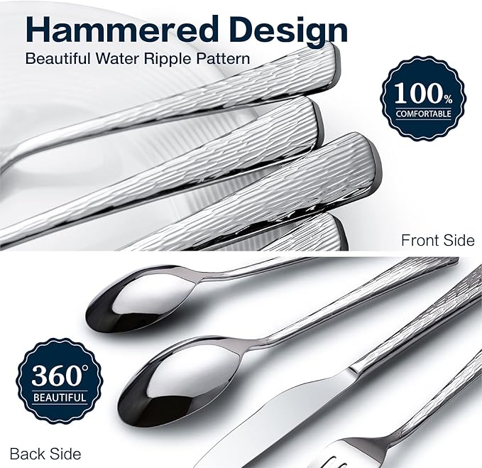 KINGSTONE Hammered Silverware Set, 20-Piece Flatware Set, 18/10 Stainless Steel Premium Cutlery with Unique Ripple Handles Design Mirror Polished - Dishwasher Safe