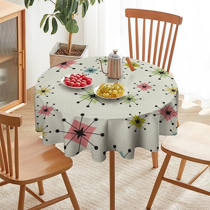 Retro Mid Century Round Tablecloth, Vintage Modern Colorful Abstract Geometric Art Bohemian Tablecloth for Home Party Dining Room Kitchen Decor 60Inch(152cm)