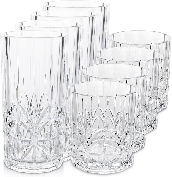 BELLAFORTE Shatterproof Tritan Plastic Drinking Glasses. 13oz & 18oz Water Glasses Set of 8 - Myrtle Beach Glasses Drinking - Unbreakable Tumblers for Parties - BPA Free, Dishwasher Safe (Clear)