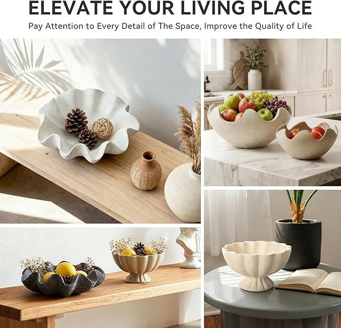 Scalloped Decorative Bowl Home Decor - 12.6" Modern Handicraft Large Shell Ruffle Decorative Fruit Bowl for Kitchen Counter, Chic Key Tray for Entryway Table, Starry Black