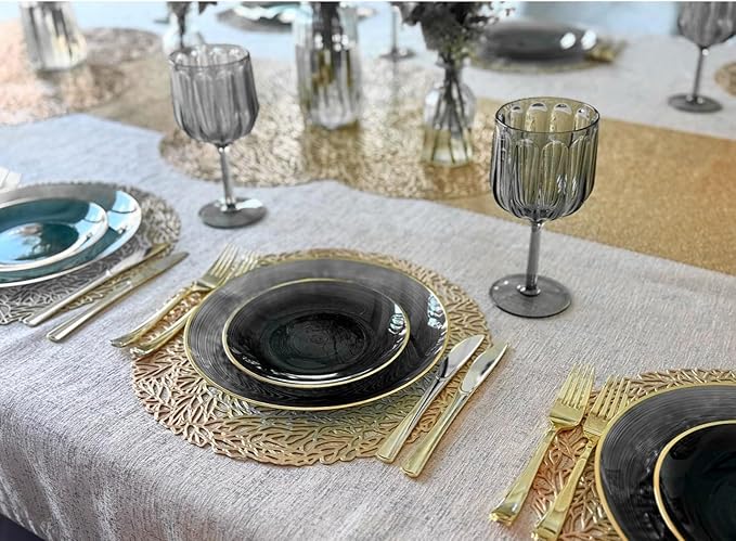 " OCCASIONS " 120 Pieces Pack,(60 Guests) Premium Wedding Party Disposable Plastic Plates Set -60 x 10'' Dinner + 60 x 7'' Salad/Dessert (Belize in Black & Gold)