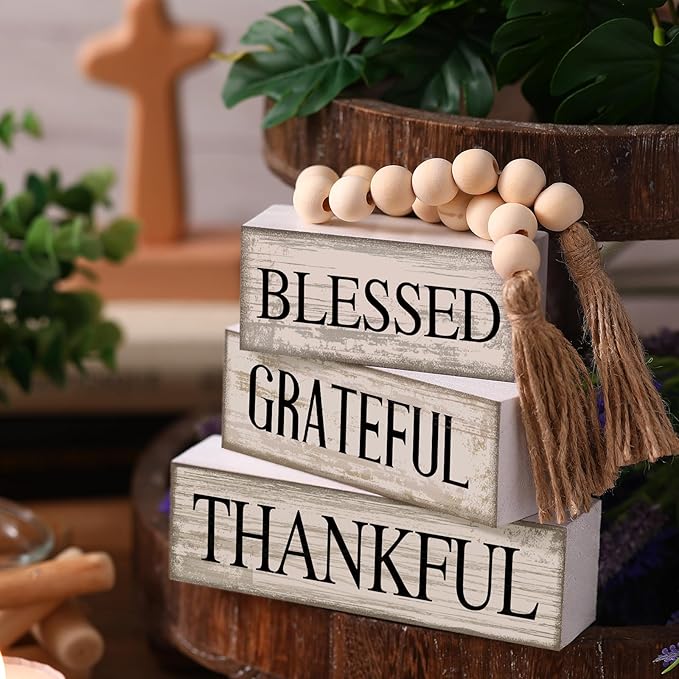 4 Pcs Farmhouse Wooden Tabletop Decor Farmhouse Tiered Tray Decor Rustic Retro Wood Bead Garland Blessed Grateful Thankful Block Sign Neutral Centerpiece Sign for Home Office Shelf Mantle