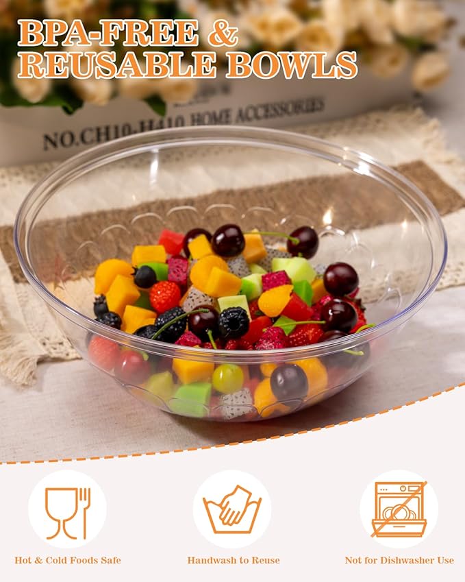 BESTVIP 4 Pack 150 Ounce Clear Plastic Serving Bowls, Disposable 11.6" Party Bowls for Chips/Salad/Candy/Snacks, Stackable Buffet Containers for Christmas, Holiday, Weddings, Showers/Events, Reusable