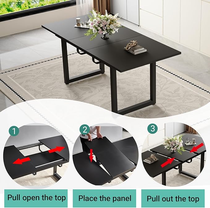 Extendable Dining Table Set for 8, 55"–71" Modern Black Kitchen Table with 8 Upholstered Chairs, Space-Saving for Living Room Apartment, Sturdy & Comfortable, Easy Assembly