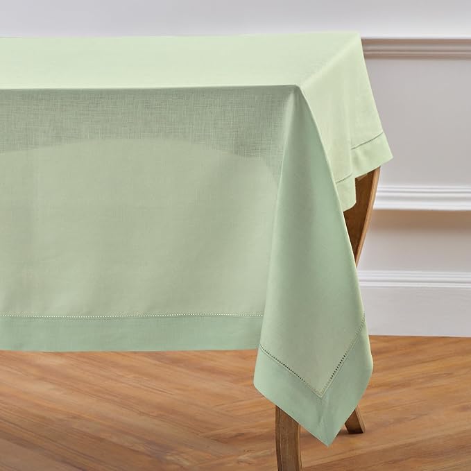 Solino Home Linen Tablecloth for Rectangle Tables 60 x 120 Inch - Classic Hemstitch 100% Pure Linen Light Green Table Cloth - Machine Washable Cloth Tablecloth for Spring, St Patricks Day, Easter