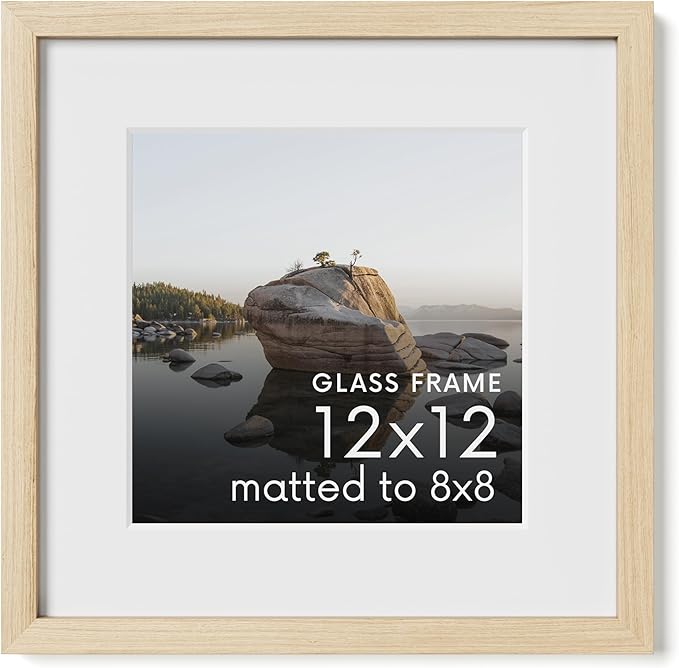 HAUS AND HUES 12x12 Picture Frame with Real Glass and Natural American Oak Matted to 8x8 - Oak 12x12 Frame With Mat - Includes Vertical & Horizontal Hang - Ideal for Home, Office (12x12 in, Natural)