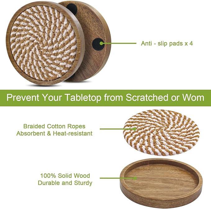 5 Pack Coasters for Drinks Absorbent, 4.3 inches Woven Coasters for Coffee Tables, Wooden Drink Coasters for Table Protection, Reusable Drink Coasters for Kitchen, Farmhouse, Bar, Office, Brown