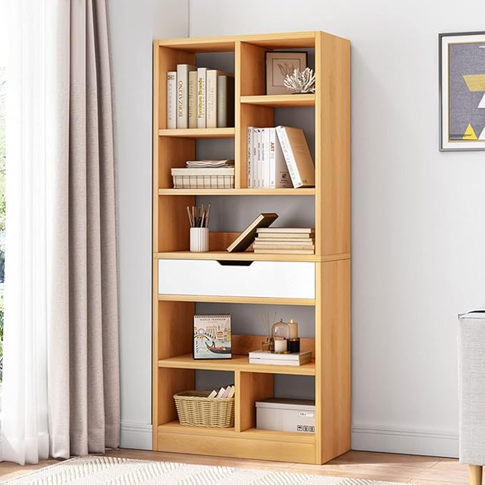 IOTXY Wooden Open Shelf Bookcase - 61 Inches Height Freestanding Display Storage Cabinet Organizer with 8 Cubes and a Drawer, Floor Standing Bookshelf in Maple Yellow
