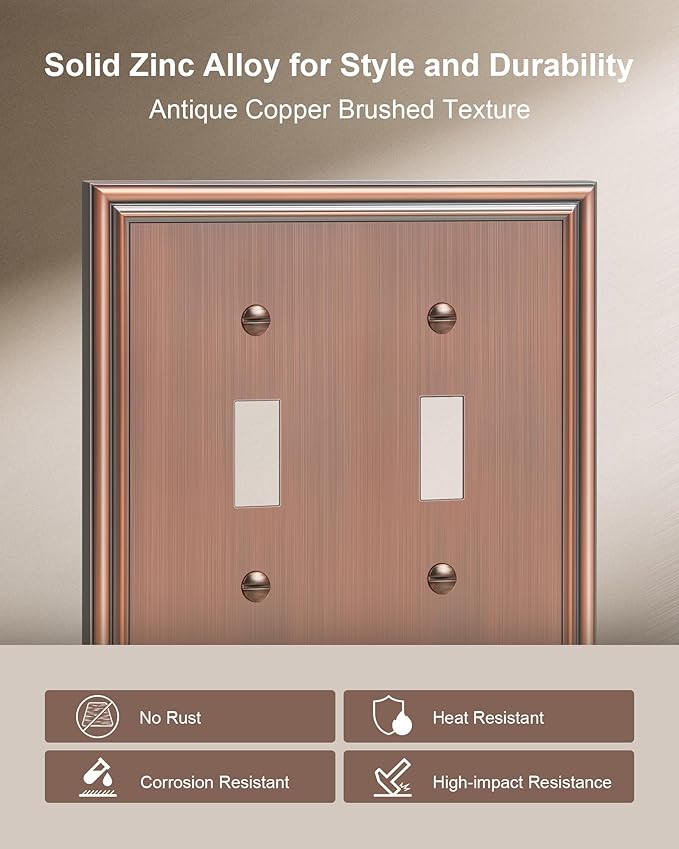 2-Pack Double Toggle Light Switch Cover Plate, Durable Solid Zinc Alloy Decorative Dual Switch Plate Covers, Antique Copper 2 Gang Wall Plate, Corrosion Resistant