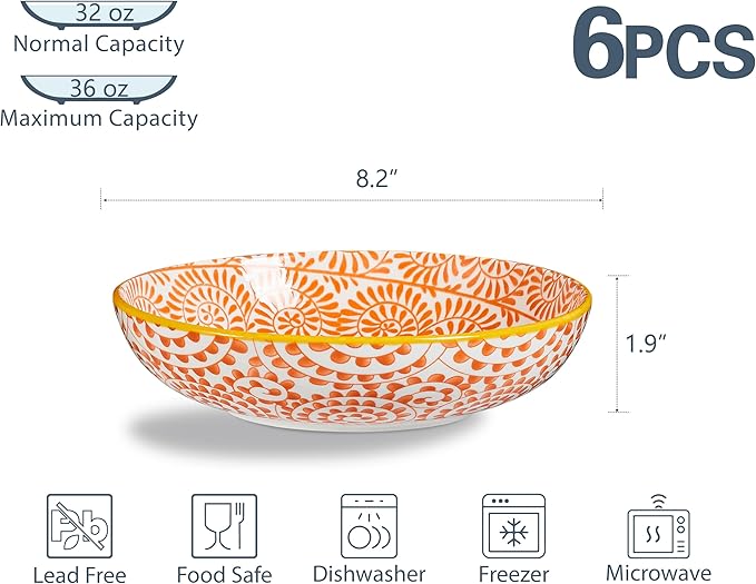 ONEMORE Colorful Pasta Bowls Set of 6, 36oz - Oven/Microwave/Dishwasher Safe Ceramic Wide Bowl for Dinner - Stackable, Scratch Resistant - Assorted Colors