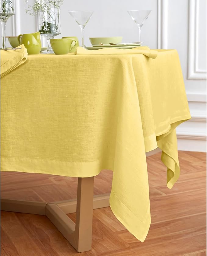 Solino Home Linen Yellow Tablecloth 70 x 108 Inch - 100% Pure Linen Rectangular Tablecloth - Machine Washable Table Cloth for Spring, Easter - Sonoma