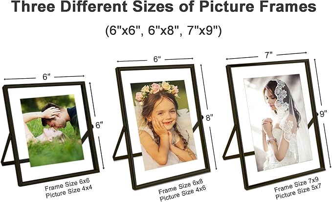 Black Floating Picture Frames - Set of 3, for Photo Size 4×4, 4×6, 5×7, Vertical Tabletop Display, Double Glass Metal Frame for Wedding, Home or Office Desk Decoration (Black)
