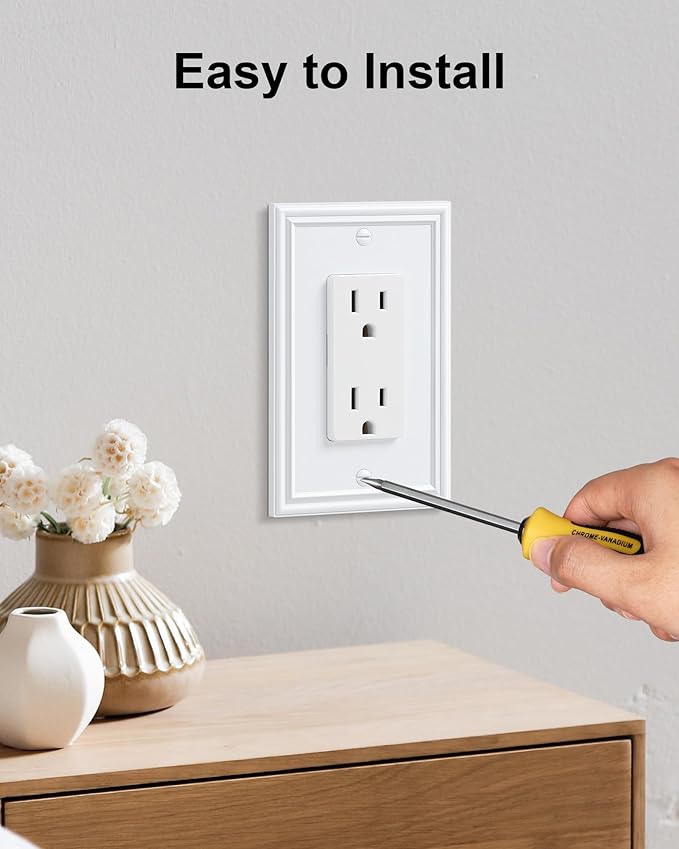 4-Pack Decorator Outlet Cover Plate, Pure White Decorative Switch Plates and Outlet Covers, Durable Zinc Alloy Wall Plates for Electrical Outlets, Receptacle, GFCI Outlet, Dimmer Switch