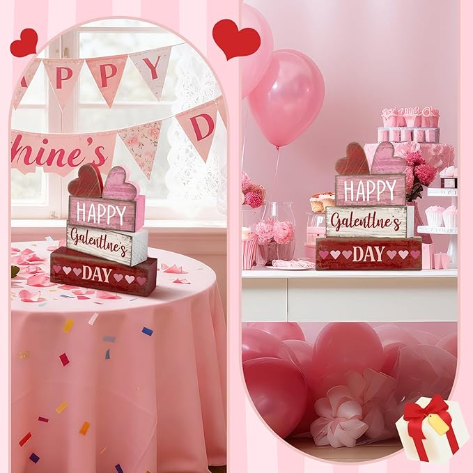 5 Pcs Happy Galentines Day Decorations Wooden Hearts Table Centerpiece Happy Galentines Day Party Table Sign for Valentines Tiered Tray Desk Mantle Shelf Decor
