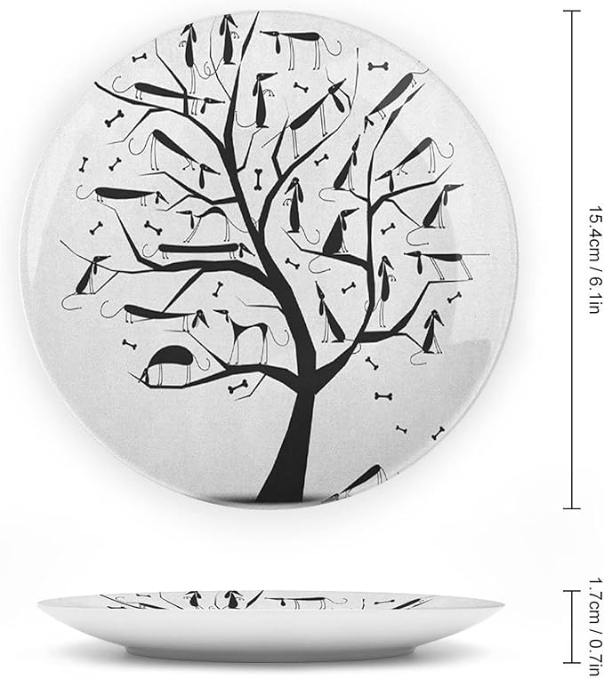 Ceramic Plates, Abstract Decorative Ceramic Plates, Monochrome Autumn Season Tree with Dog on The Branches, 7 Inch, Household Plates Decorative, Black and White