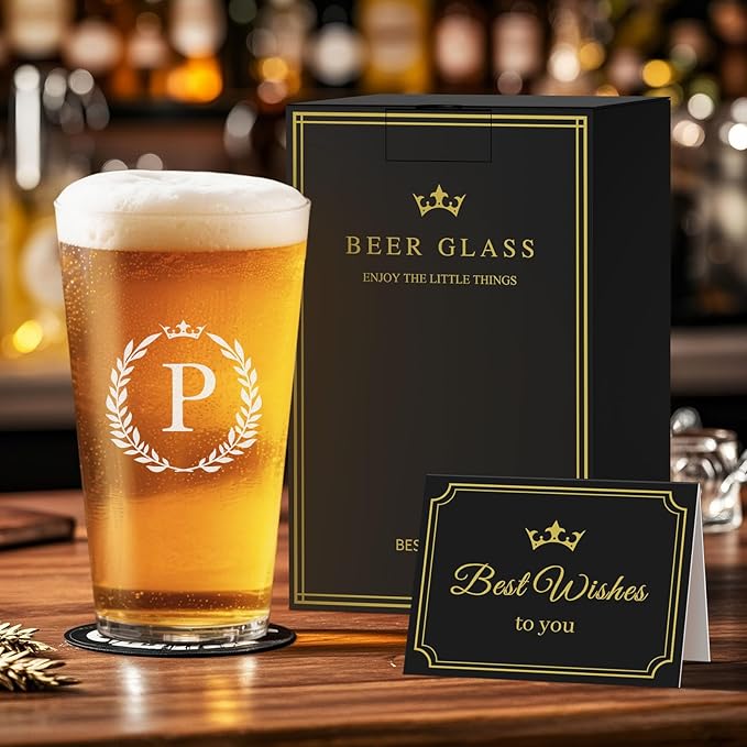 Personalized Beer Glasses Gifts for Men, 16 oz Pint Glasses Monogrammed A-Z Drinking Glass Cups Customized Gift, Unique Christmas Anniversary Birthday Gifts for Men Him Dad Brother Husband Grandpa (P)