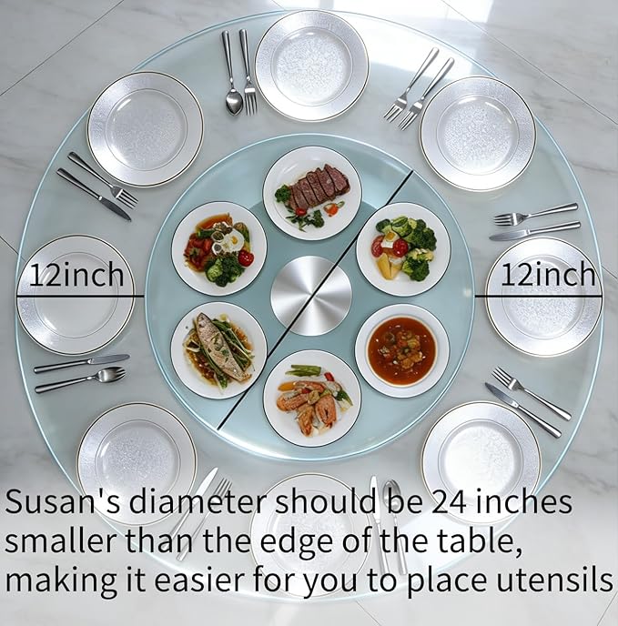 36" Glass Lazy Susan for Dining Table, Glass Turntable Table Centerpiece with 6 Rotating Wheels, 360° Smooth and Silent Spin Tabletop Rotating Tray, for Family Gatherings, Banquets, Weddings, 92 cm