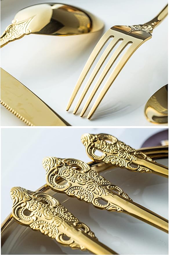 Gold Silverware Set for 8 Premium 18/10 Stainless Steel Flatware Set Palace Style 40 Piece Cutlery Tableware Utensils Embossed Decorative Handle Knives Forks and Spoons for Home Christmas Wedding