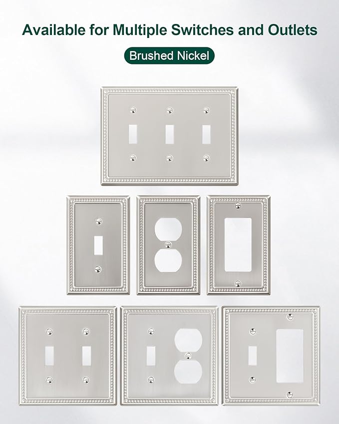 6-Pack Decorator Outlet Cover Plate, Decorative Switch Plates and Outlet Covers, Brushed Nickel Metal Wall Plates for Electrical Outlets, Receptacle, GFCI Outlet, Dimmer Switch