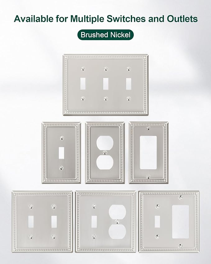 2-Pack Double Toggle Light Switch Cover Plate, Pearls Decorative Dual Switch Plate Covers, Brushed Nickel 2 Gang Metal Wall Plate, Corrosion Resistant