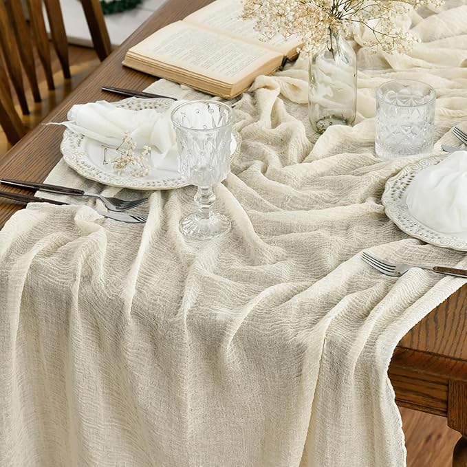 Artoid Mode Boho Beige Gauze 6 Pieces Wedding Table Runner, 120 Inch Birthday Fabric Kitchen Dining Holiday Table Decor for Home Party Indoor