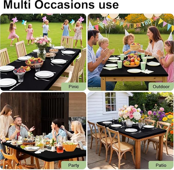 Smiry Rectangle Picnic Table Cloth, Waterproof Elastic Fitted Tablecloths for 5 Foot Tables, Washable Polyester Table Cover for Camping, Outdoor and Indoor (Black, 30"x60")