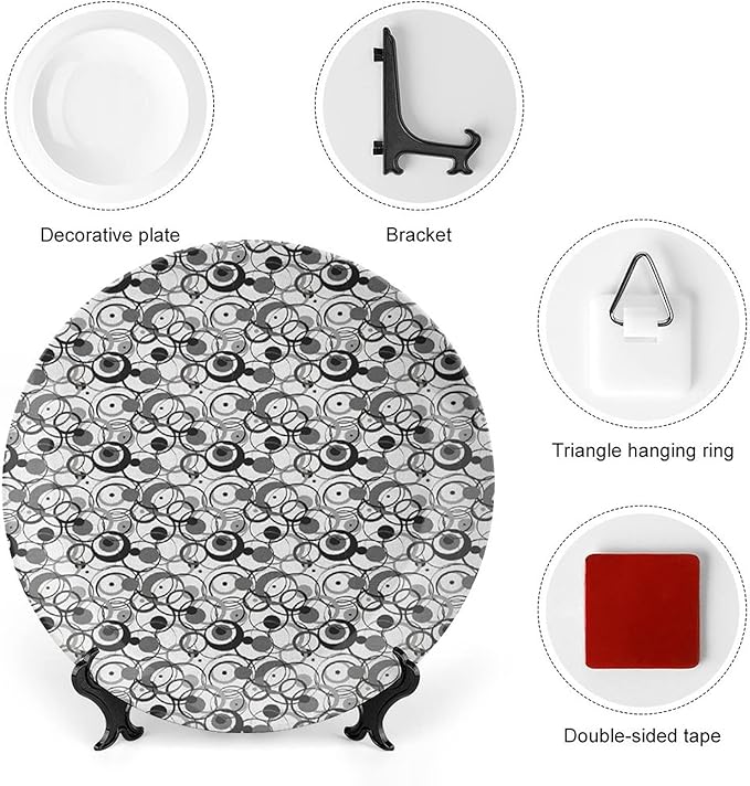 Ceramic Display Plate, Abstract Ceramic Hanging Decorative Plate, Monochrome Circles Dots Surreal Geometric Modern, 7 Inch, Living Room Kitchen Decoration Household, Grey Black White